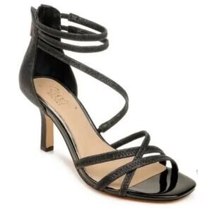 Jewel Badgley Mischka Flor Strappy Heels Black Glitter Size 9.5, Box Included